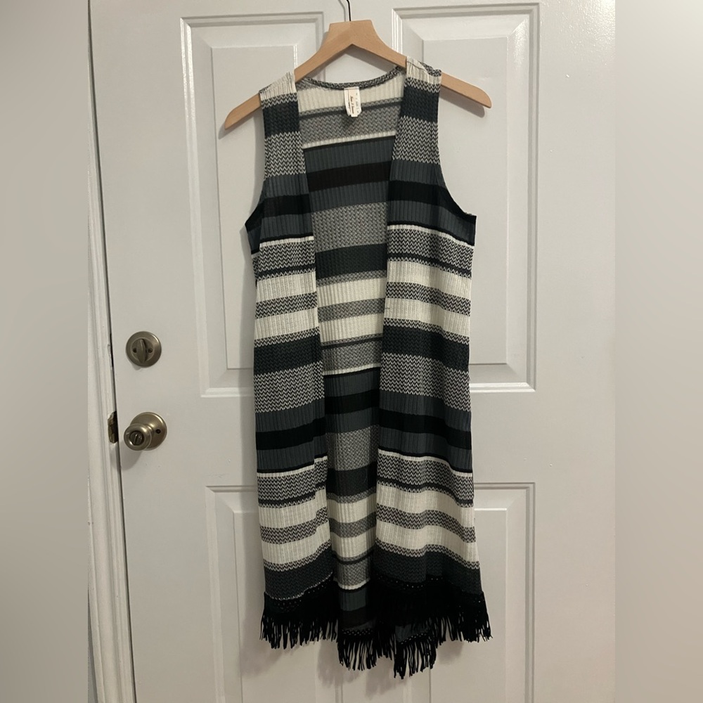 Now N Forever-striped long vest fringe trim